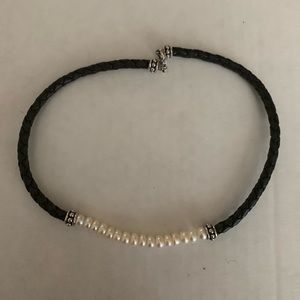 Black leather and pearl necklace
